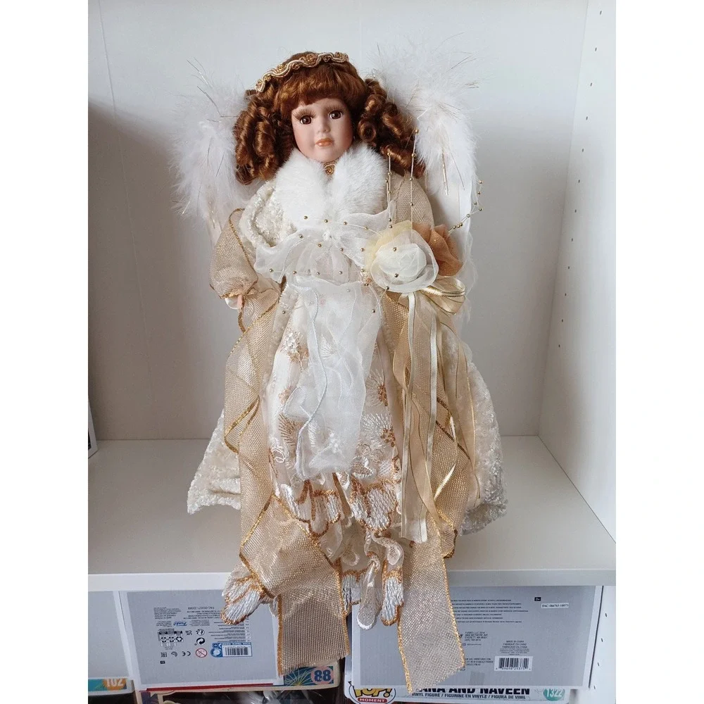 Vintage Porcelain Doll In Gold And White Dress With Wings Collectible Toy